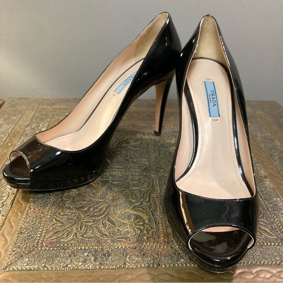 Prada Peep Toe Heels patent leather open toe sexy stiletto Italy size 8 - Picture 4 of 9